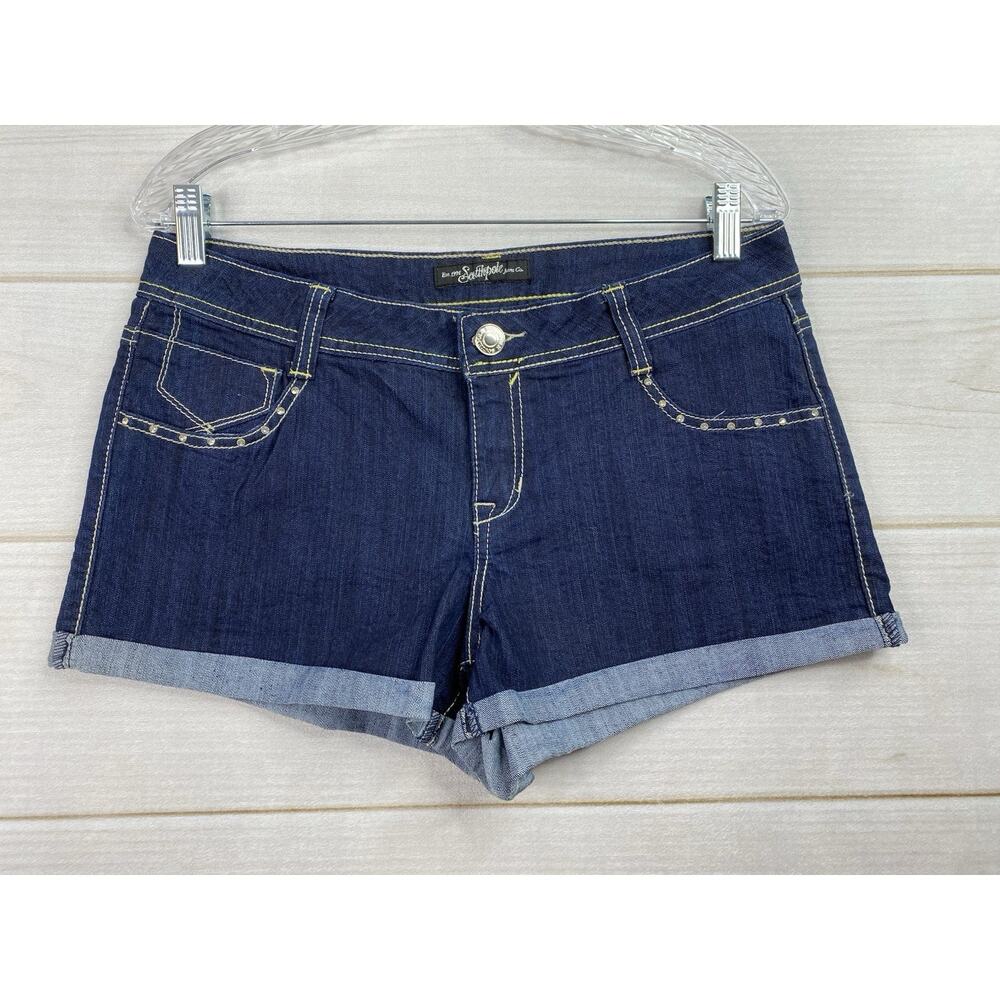 Vtg Y2K South Pole Jean Shorts Womens Jr 11 Dark Wash Studded Logo Dark Cuffed